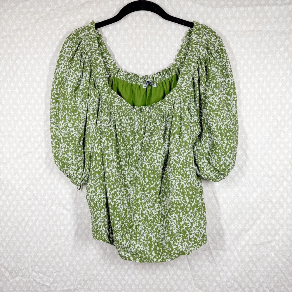 Abercrombie & Fitch Green White Splattered Print Puff Sleeve‎ Top